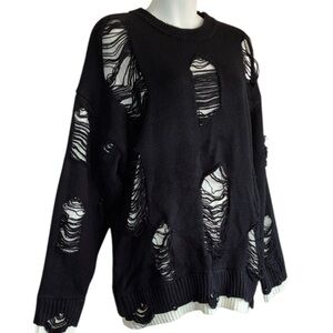 NEVSTUDIO Studio Black and White Knit Sweater, Destroyed Top Black Layer. L